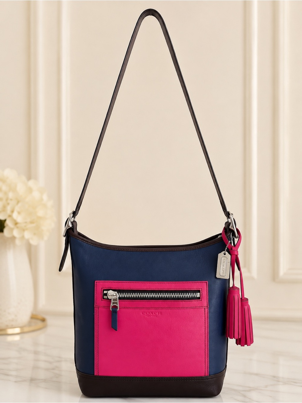 Coach Legacy Colorblock Leather Duffle Shoulder Bag Navy Pink Tassels 19995